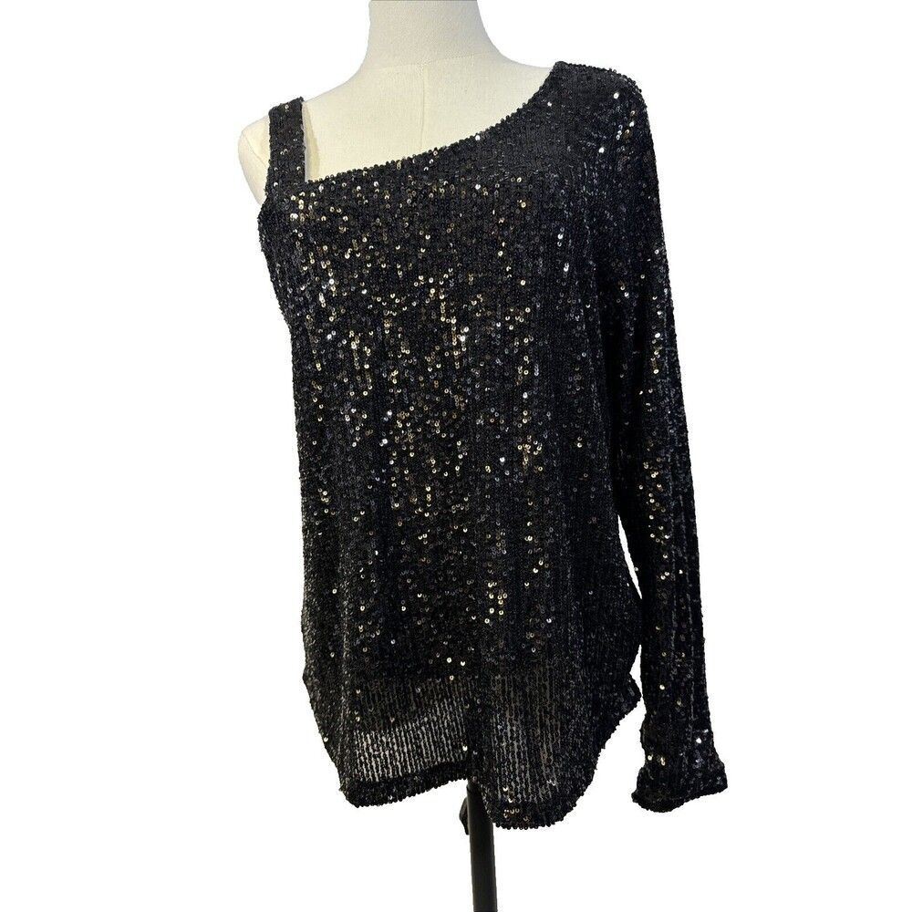 Formal Sequin One Shoulder Top Black Blouse Cable & Gauge Women's Size L